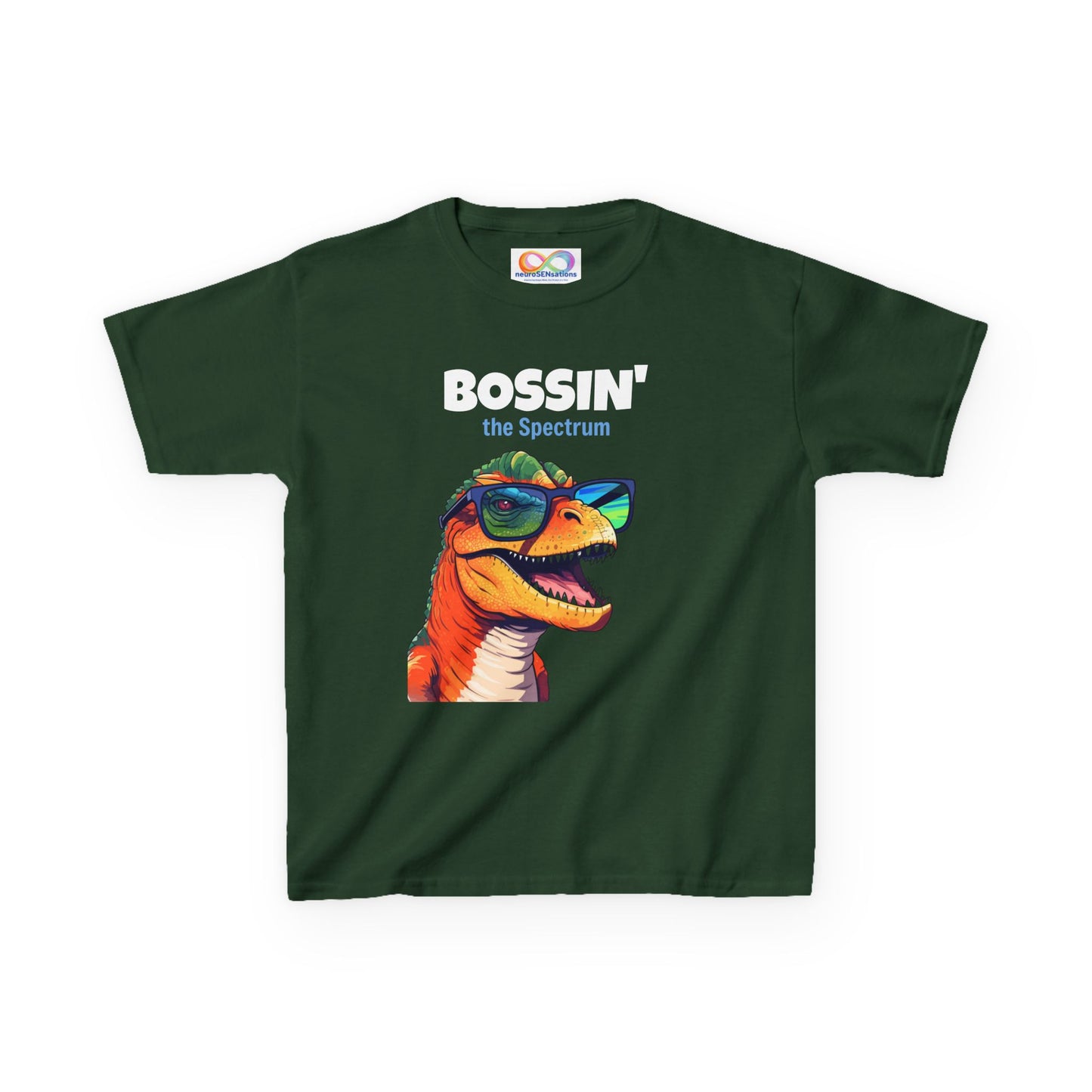 Dino Boss Kids Tee – Colourful Cotton T-Shirt for Neurodivergent Joy