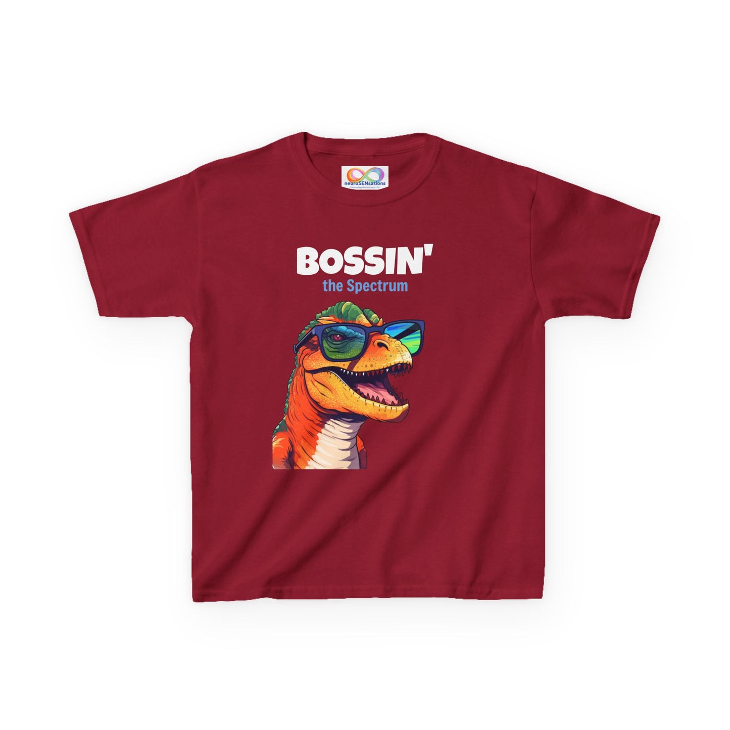Dino Boss Kids Tee – Colourful Cotton T-Shirt for Neurodivergent Joy