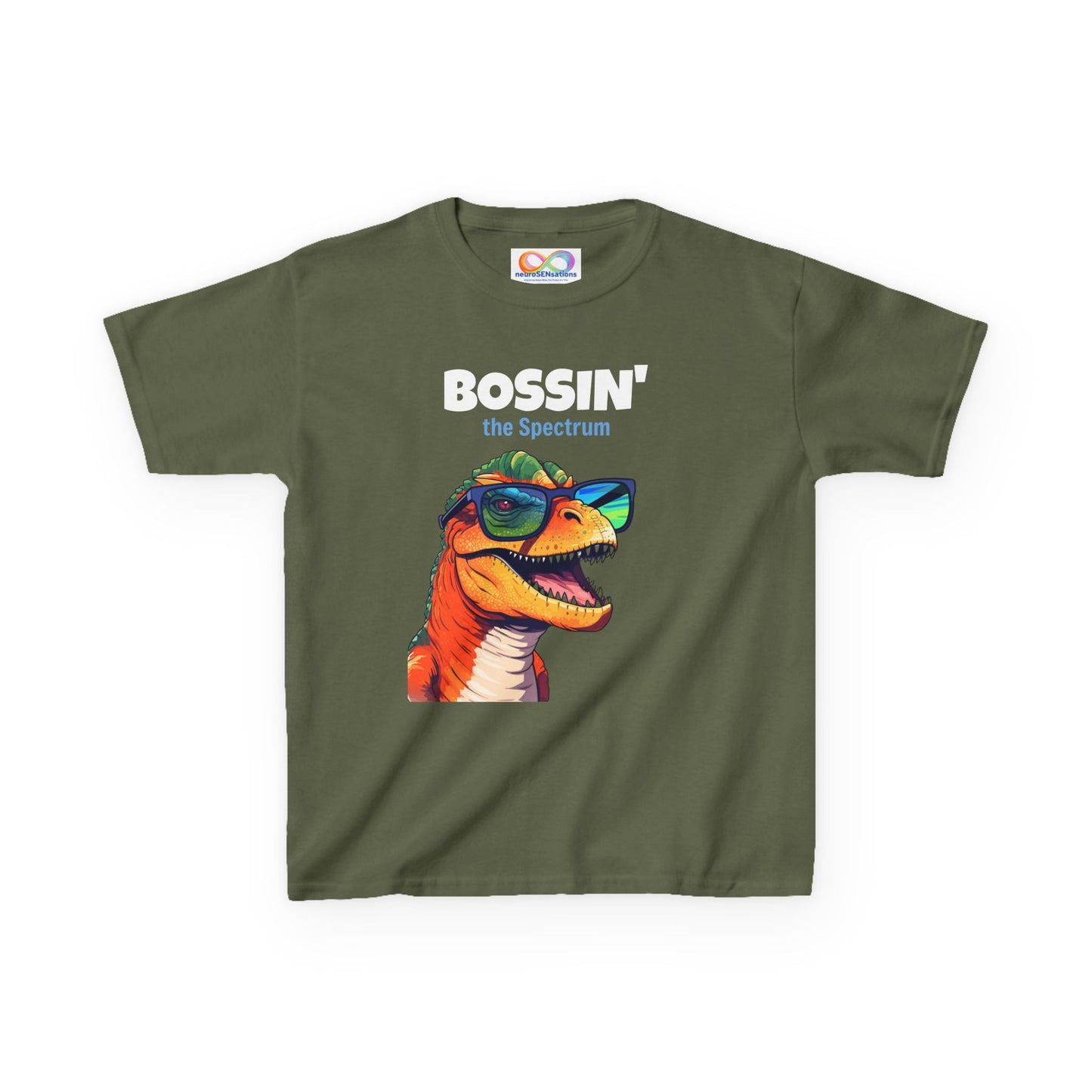 Dino Boss Kids Tee – Colourful Cotton T-Shirt for Neurodivergent Joy
