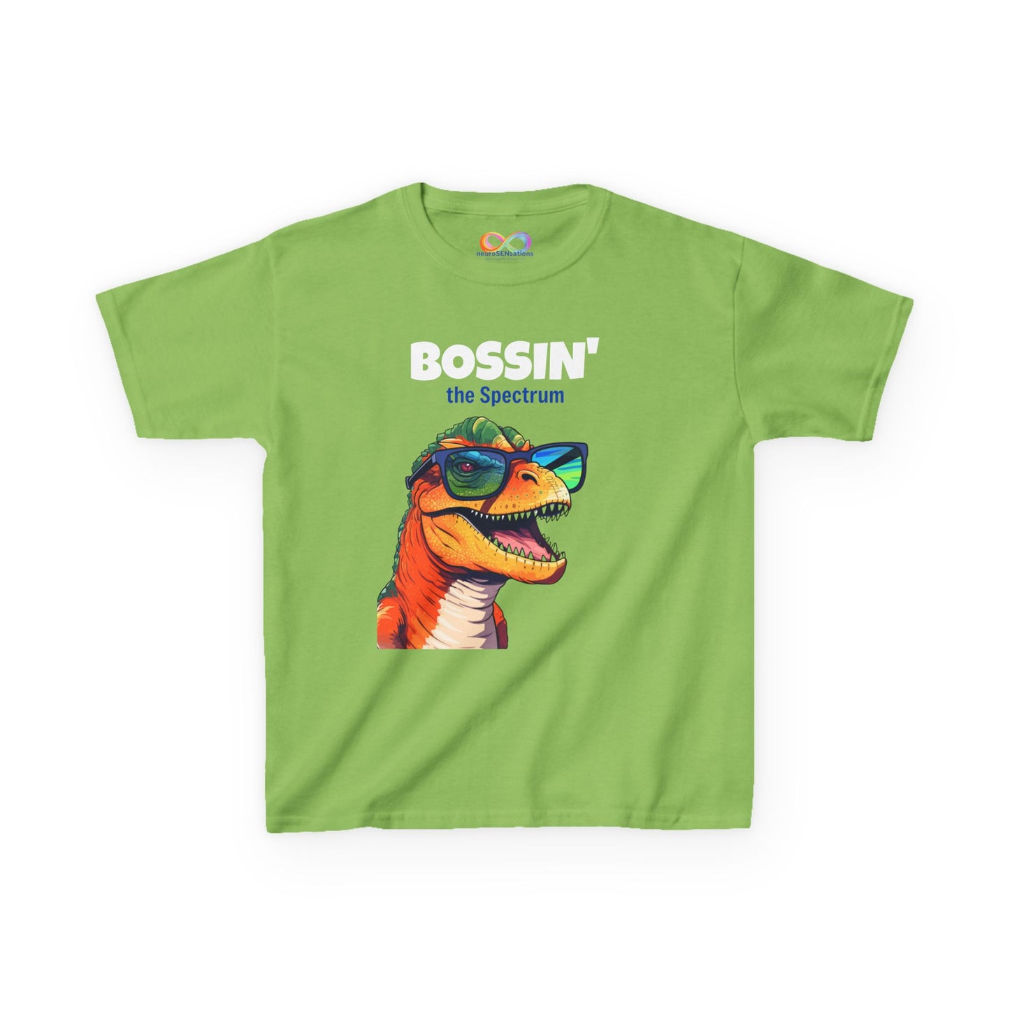 Dino Boss Kids Tee – Colourful Cotton T-Shirt for Neurodivergent Joy