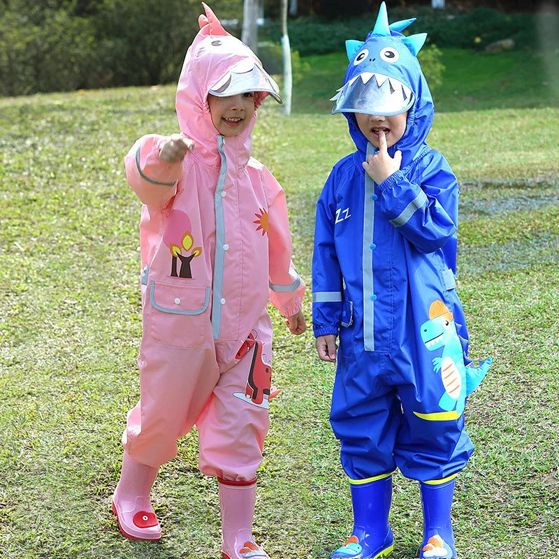 Cartoon dinosaur waterproof one-piece rain suit for children, designed with full-body coverage and sensory-friendly materials