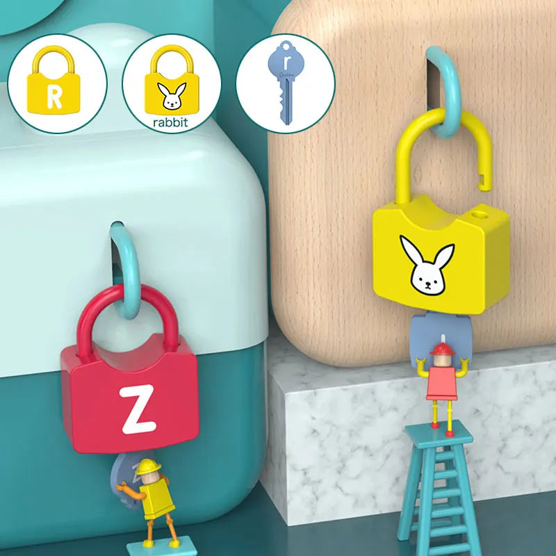 Colorful padlocks with cartoon characters on a marble surface