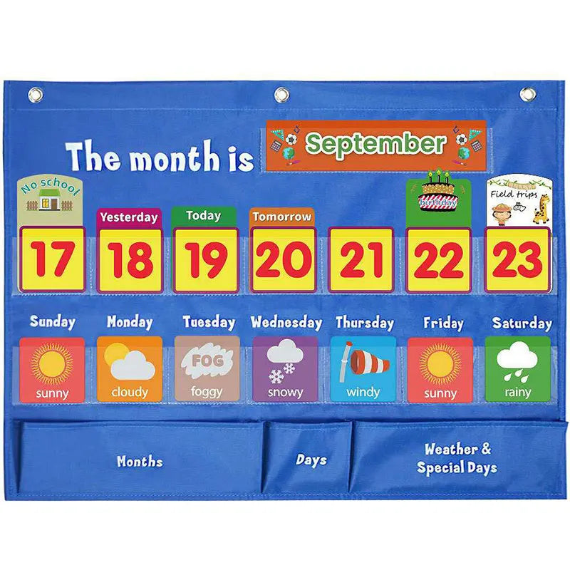 Educational calendar chart with colorful days, months, and weather indicators on a blue background.