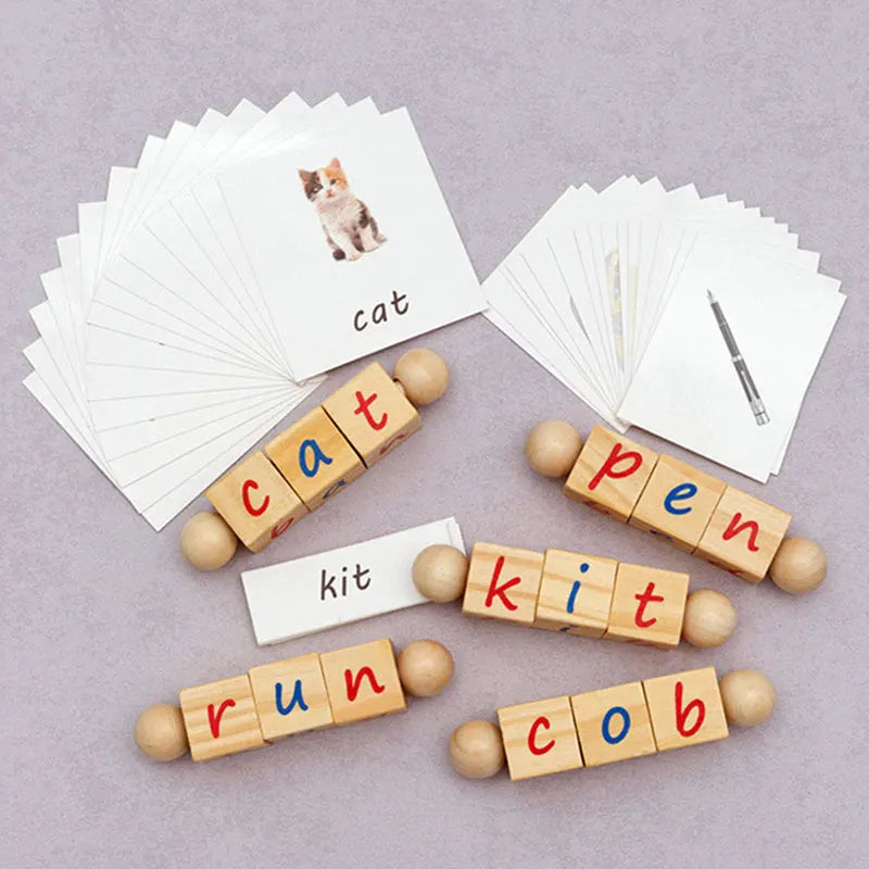 Educational word game with wooden blocks and flashcards on a gray background