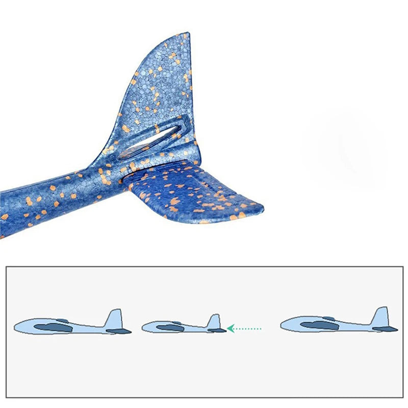 Blue and orange airplane model with a close-up inset showing its structure.