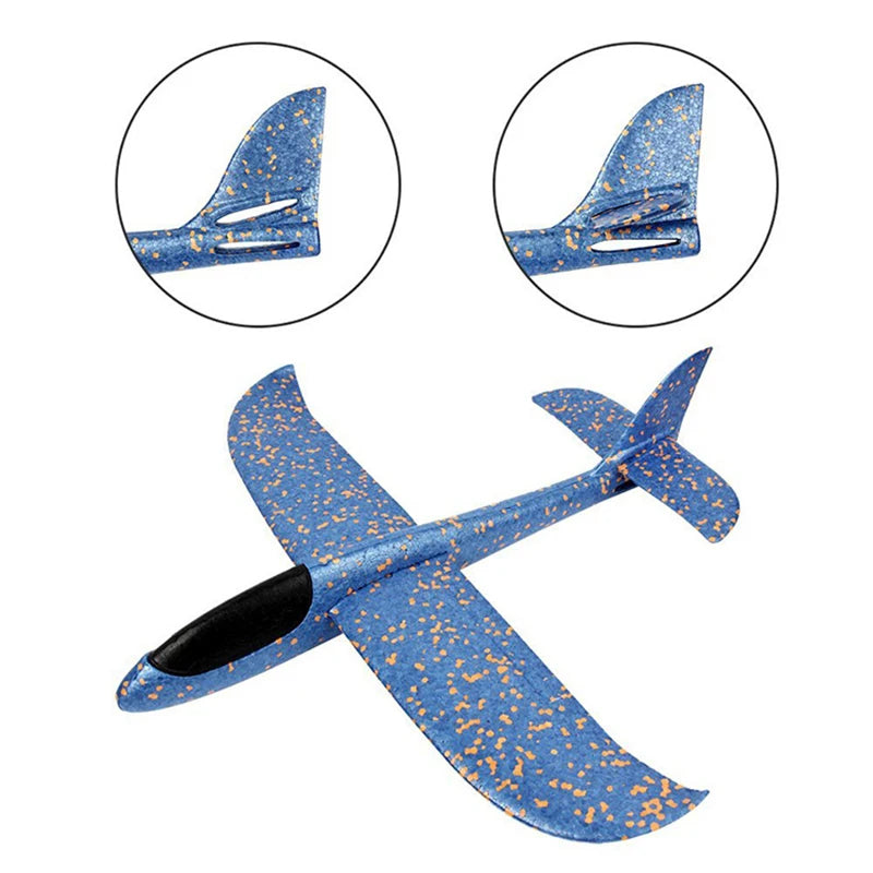 Blue speckled foam glider with close-up details on a white background