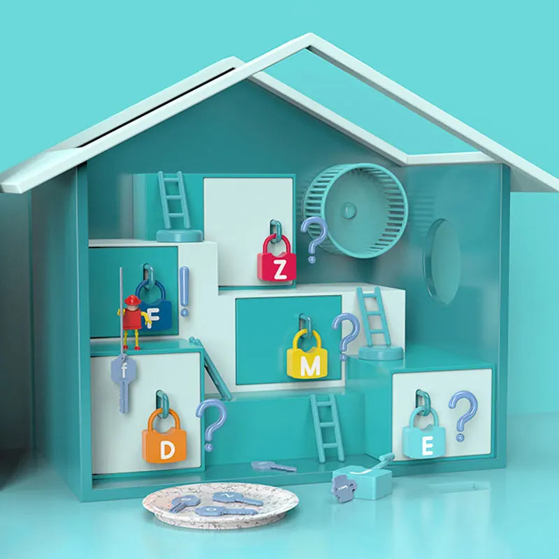 Toy house with educational elements on a teal background