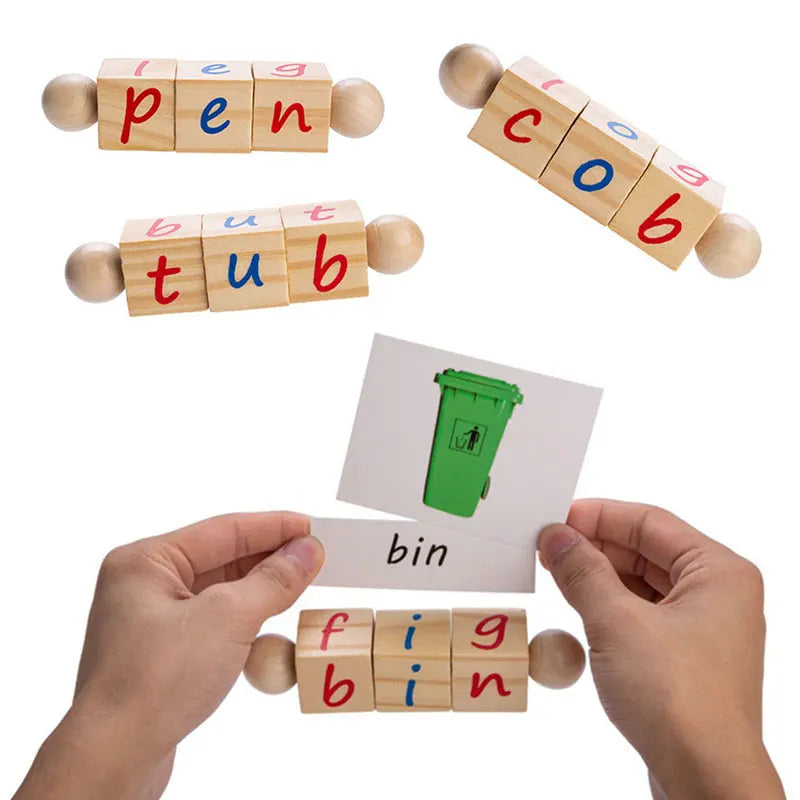 Wooden blocks with letters and hands holding flashcards for educational purpose