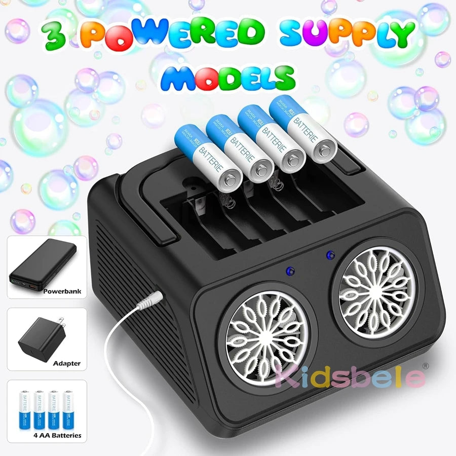 Black battery charger with batteries and accessories on a colorful bubble background, featuring '3 Powered Supply Models' text.