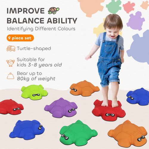 Set of 9 colourful turtle-shaped stepping stones with textured anti-slip surface for sensory play.