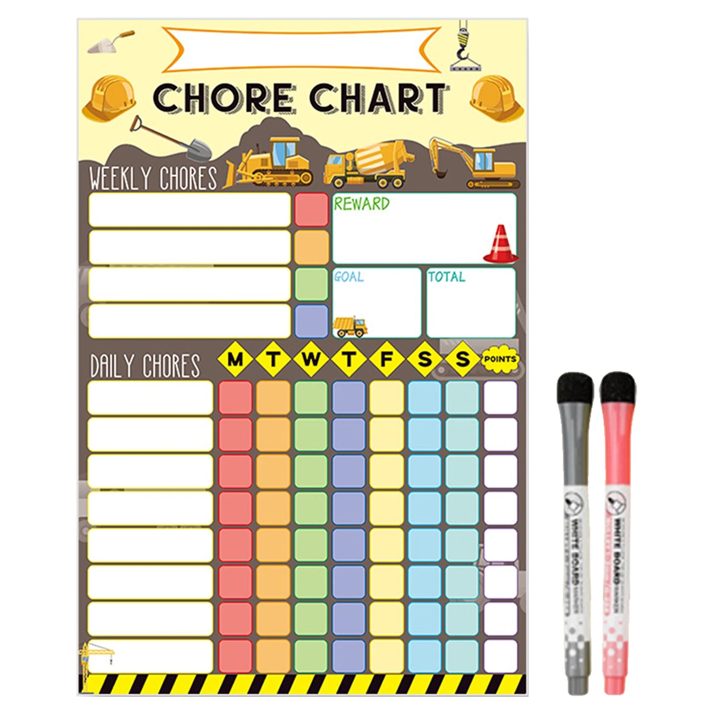 Reusable chore chart shown with two dry-erase markers, ideal for adaptable visual reminders.