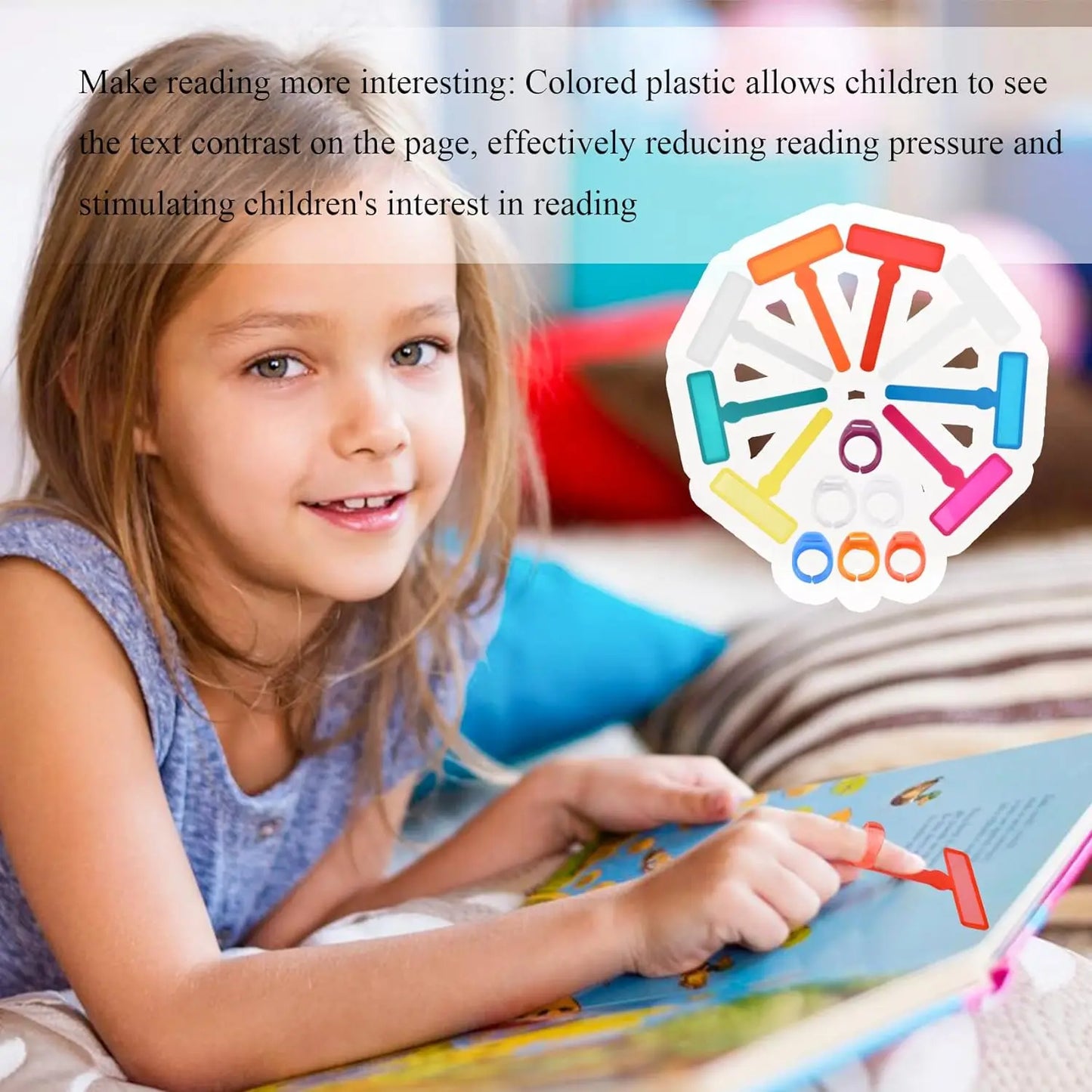 Child using coloured reading guide for improved tracking and reading comprehension
