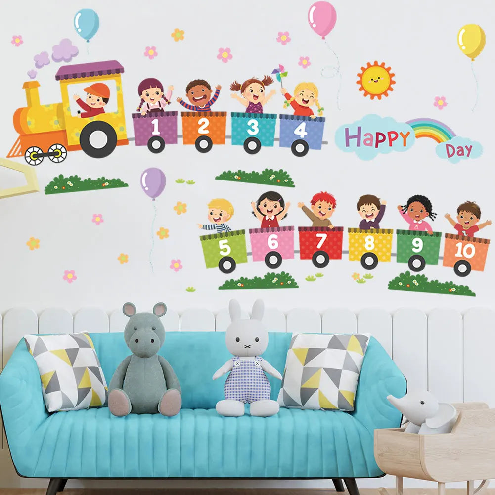 Cartoon number train rainbow self adhesive wall décor