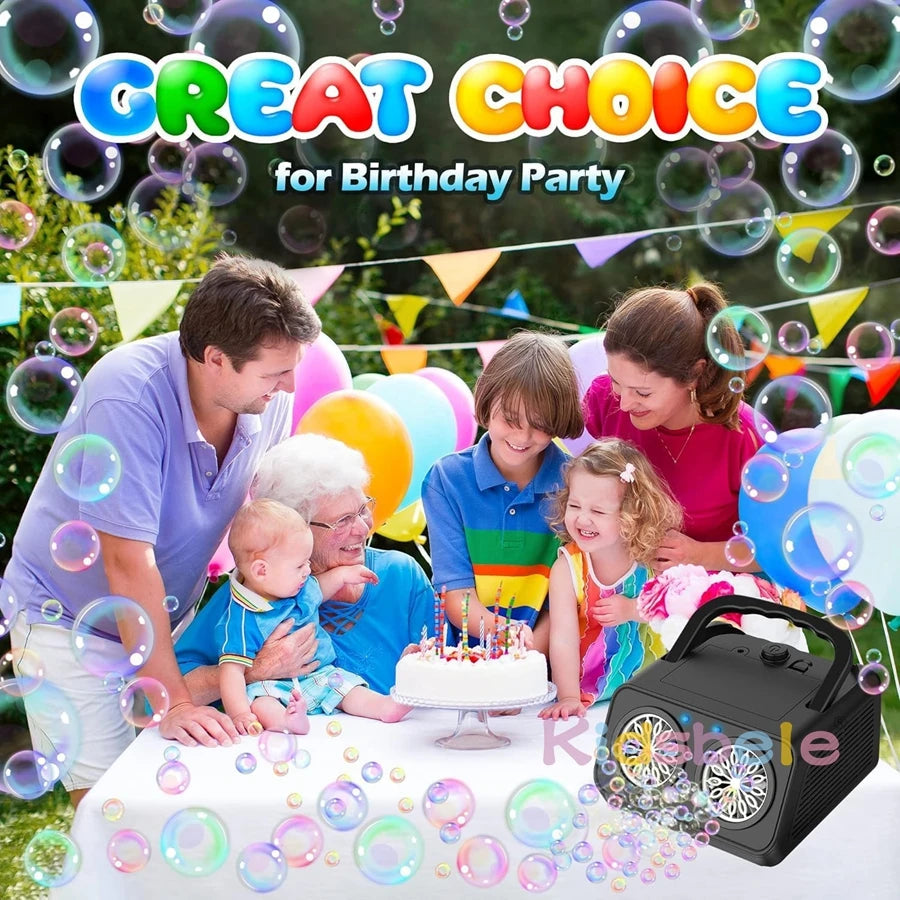 Family celebrating a birthday with a cake and balloons, featuring a bubble machine.