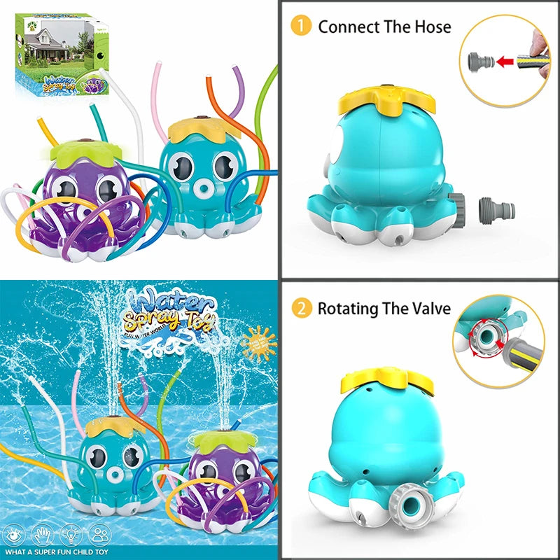 Children's water spray toy with assembly instructions on a white background