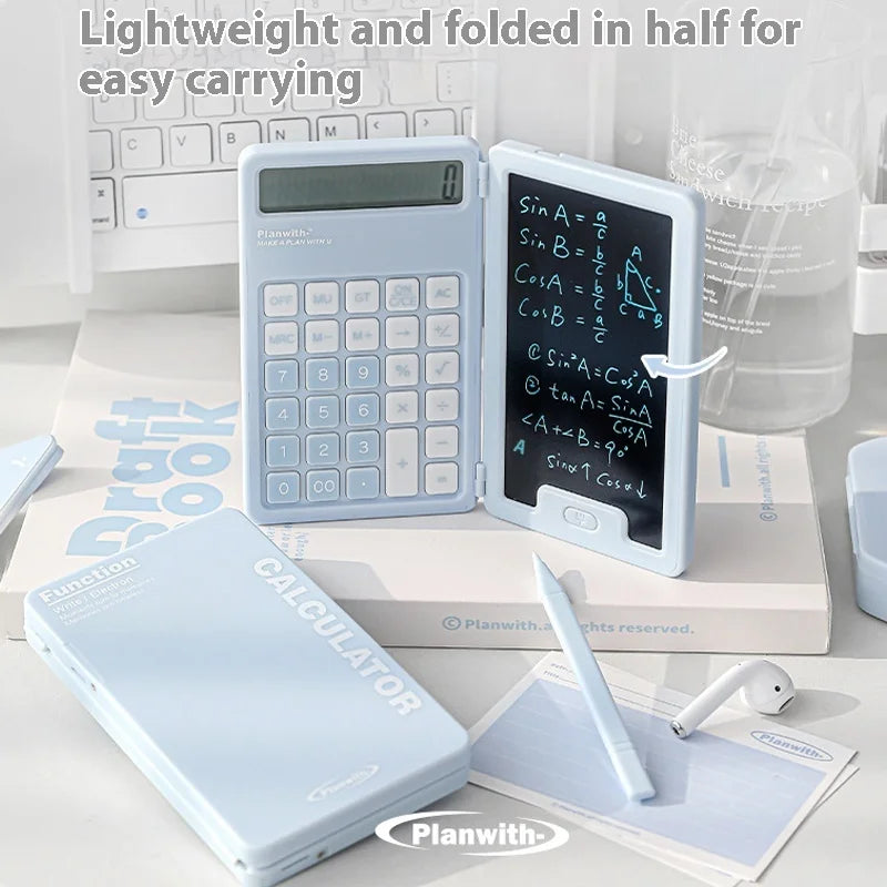 Foldable calculator with integrated handwriting pad for visual problem-solving