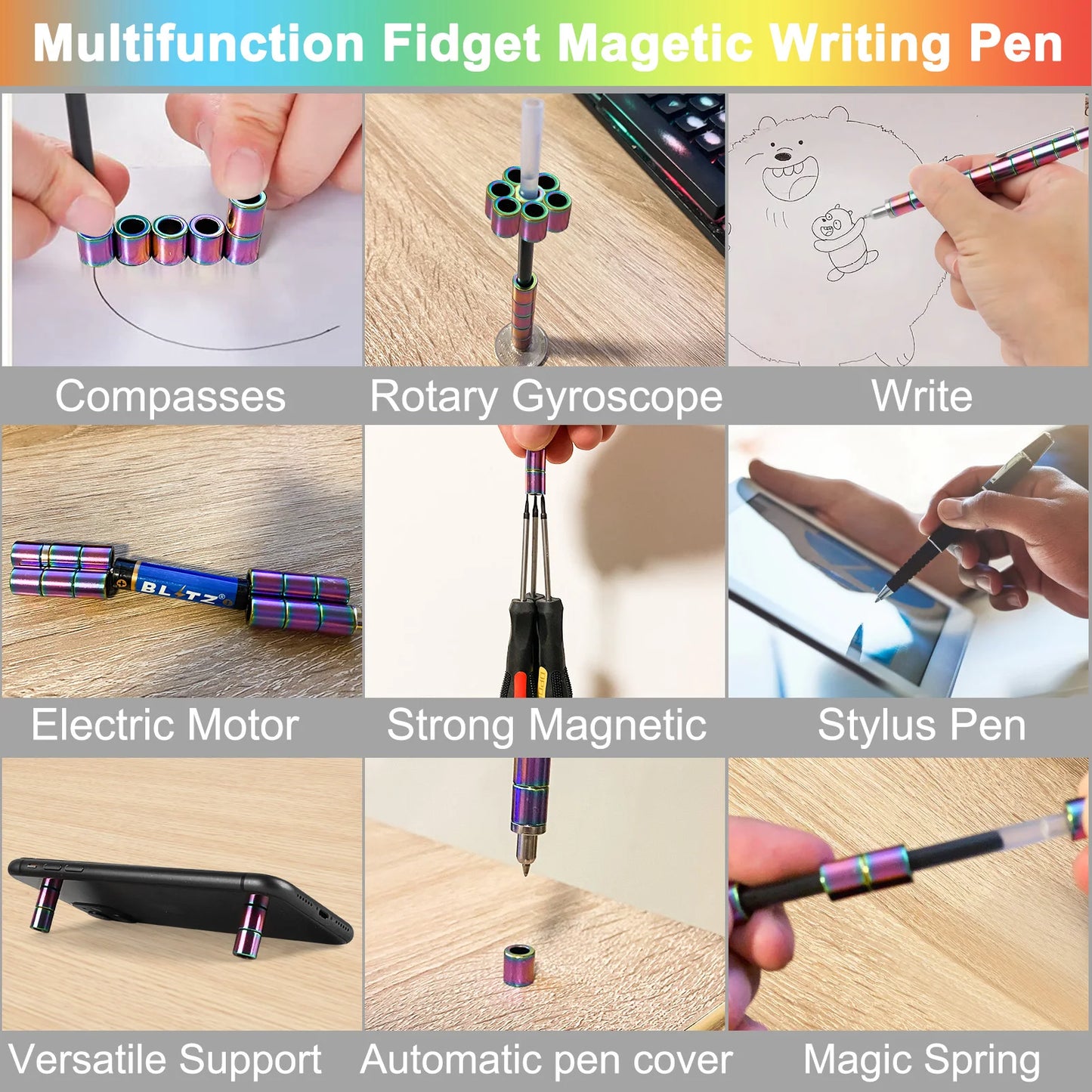 Multifunctional fidget magnetic writing pen with various uses shown in images.