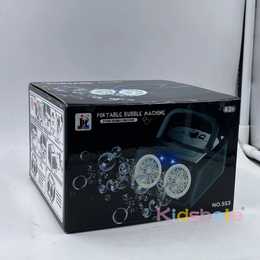 Black box packaging of a portable bubble machine with bubble graphics on a white background