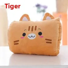 Cute cat-shaped pillow with a smiling face on a white surface, featuring the brand 'Tiger'.