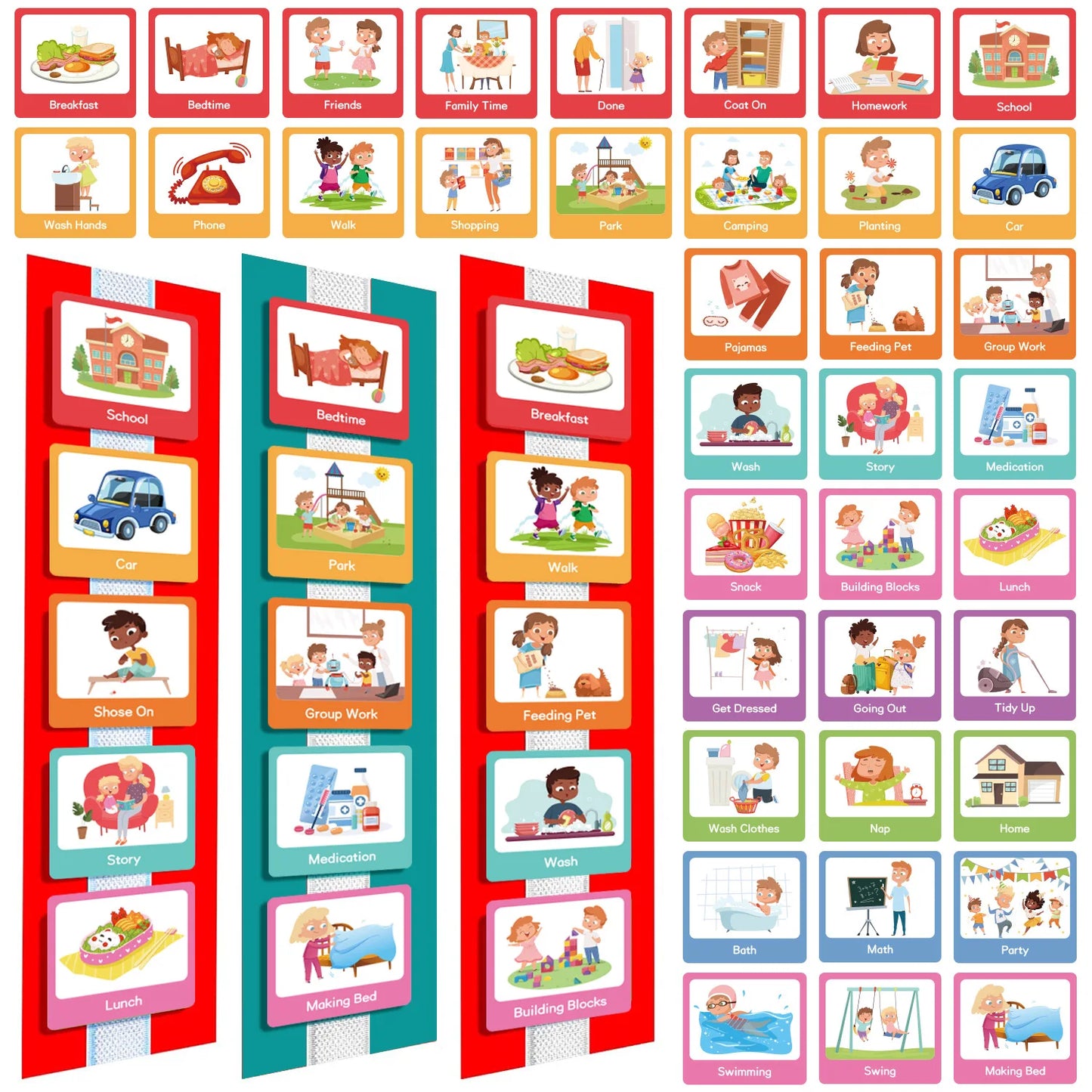 A set of children's visual routine chart cards with various daily activity illustrations.