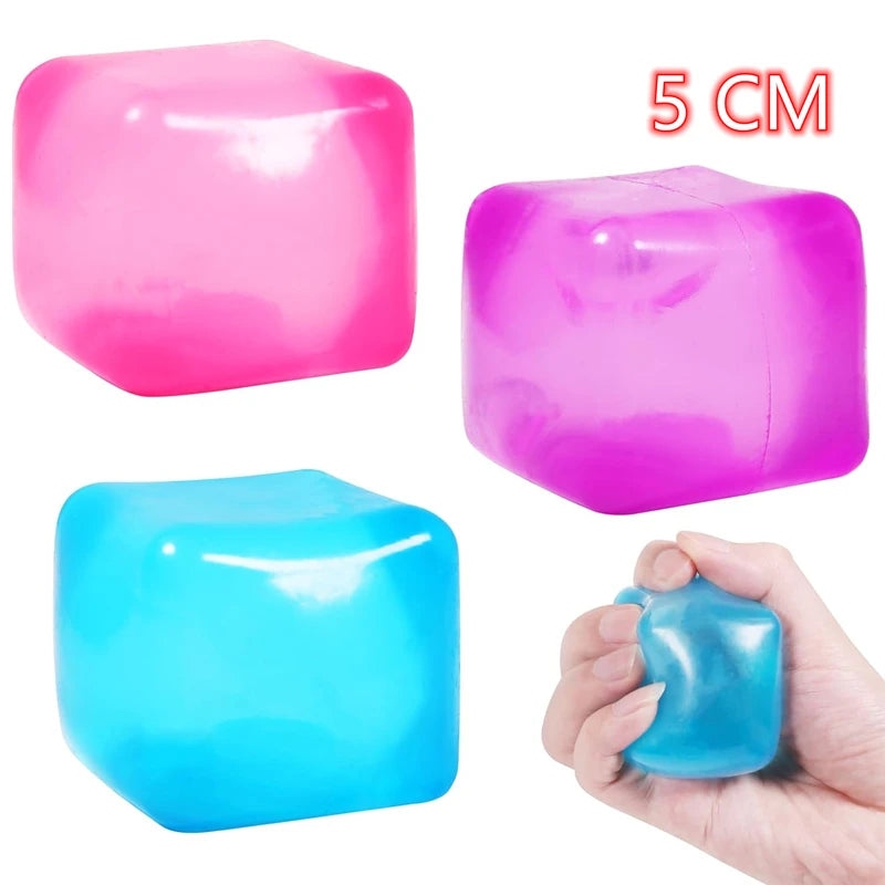 Translucent squishy ice cube fidget toy shown in hand with gel texture visible, cooling appearance for tactile sensory relief