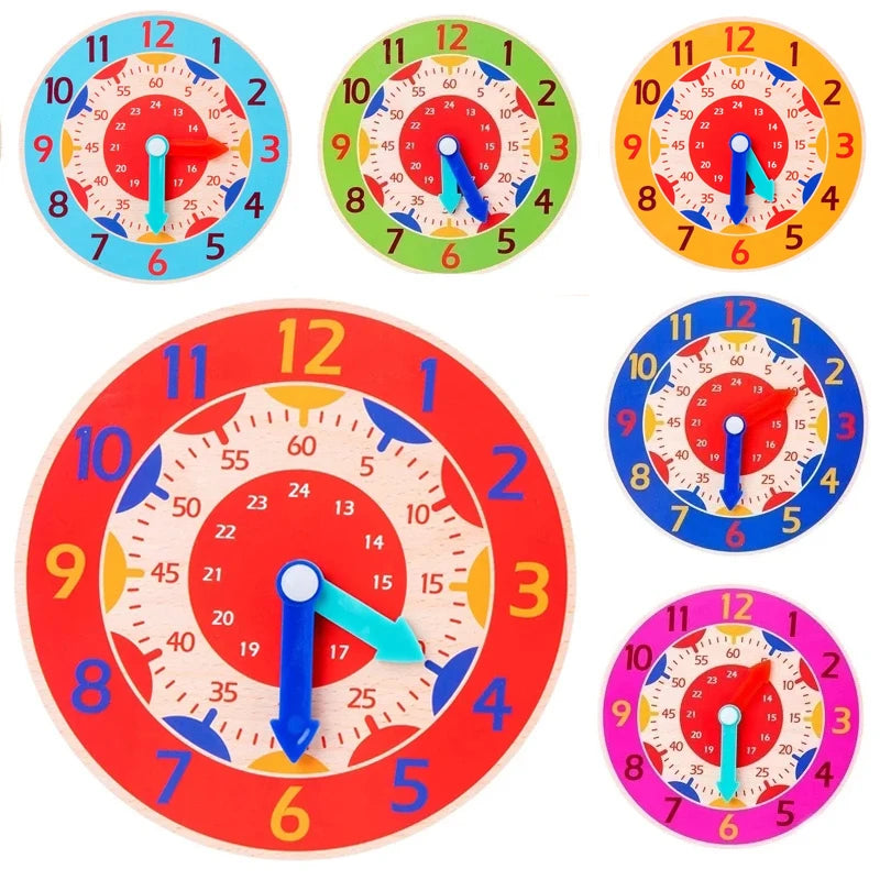 Wooden educational clock with movable hands and bold numbers for sensory-safe time learning and routine planning
