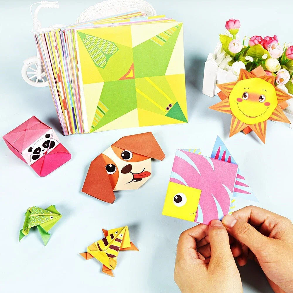 Origami paper set with colourful sheets and folded creations for sensory-friendly craft and fine motor skill development