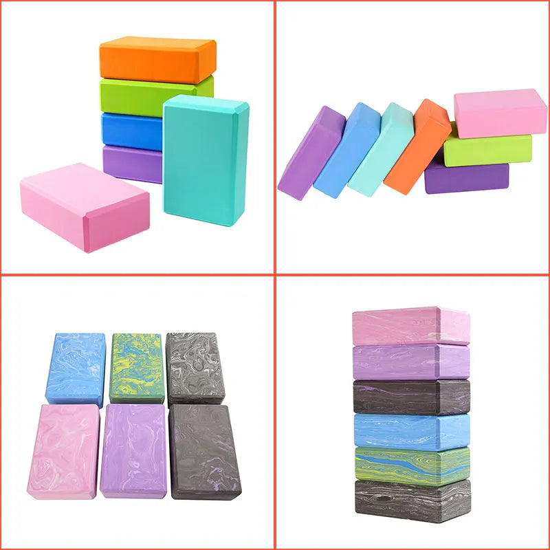 Colorful foam blocks arranged in various patterns on a white background.