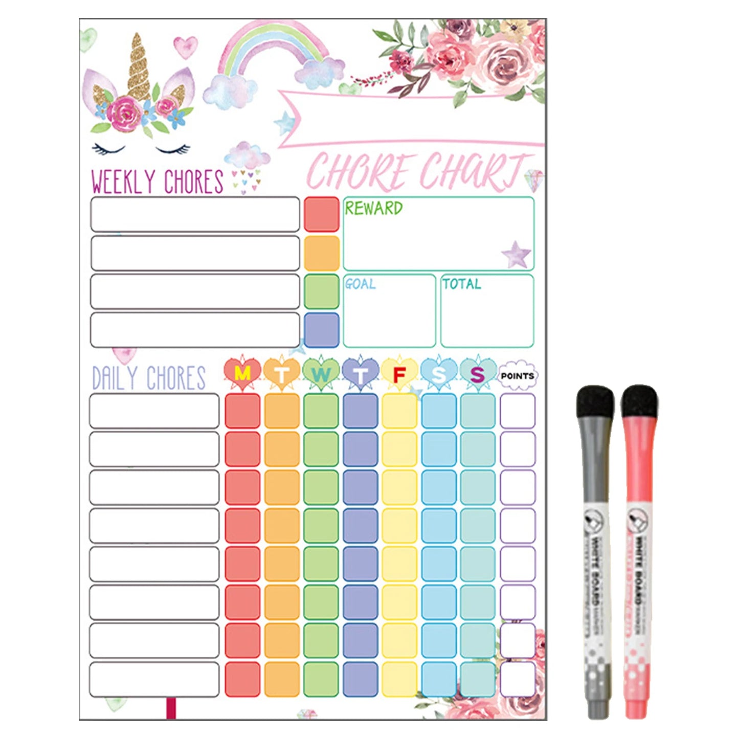 Reusable chore chart shown with two dry-erase markers, ideal for adaptable visual reminders.