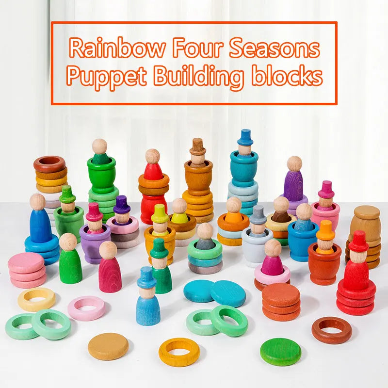 Colorful wooden puppet building blocks with 'Rainbow Four Seasons' text on a white background
