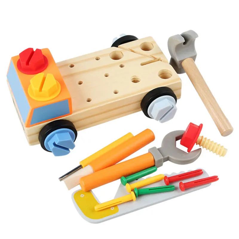 Toy tool set with wooden car, hammer, and colorful tools on a white background