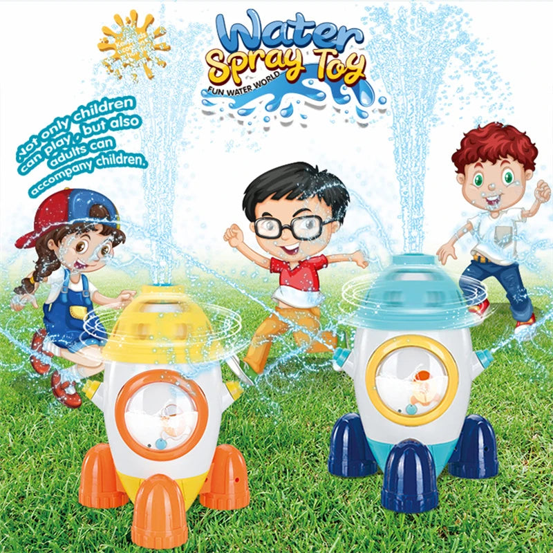 Water spray toy with cartoon characters on a grassy background