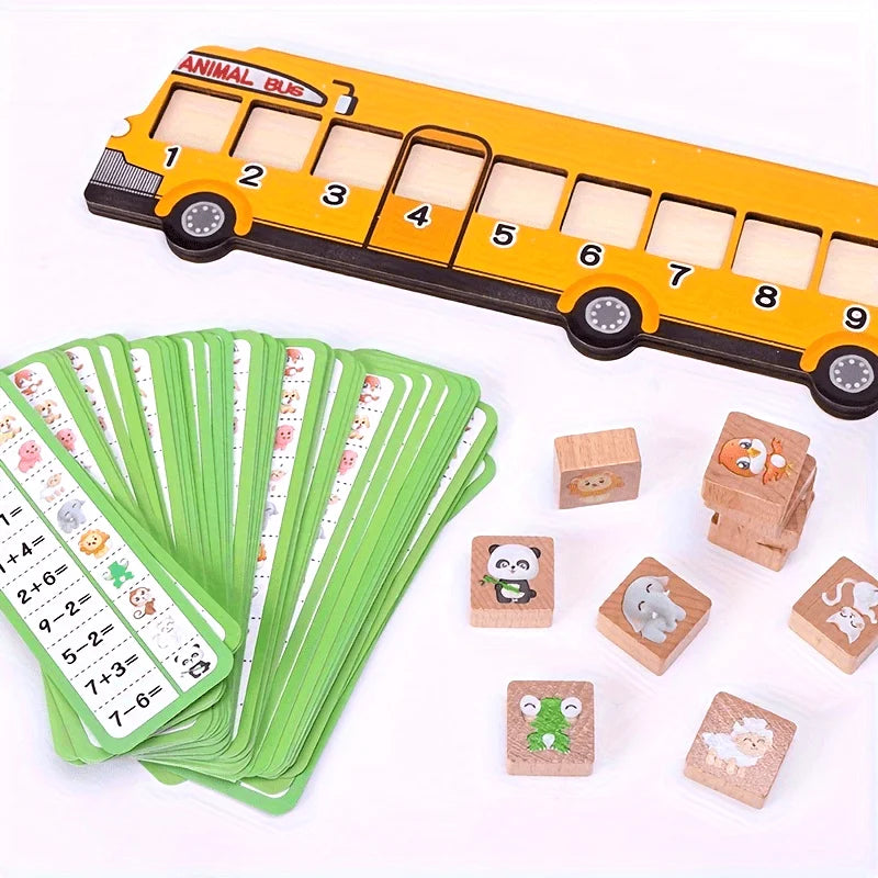 Animal-themed blocks arranged in a matching sequence with number tiles and character illustrations for early maths practice