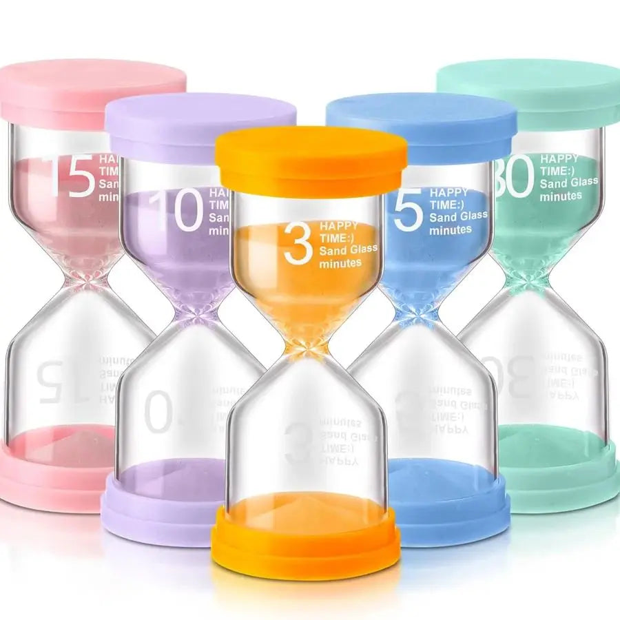 Close-up of orange, blue, pink, purple and green timers supporting visual routine transitions for neurodivergent users