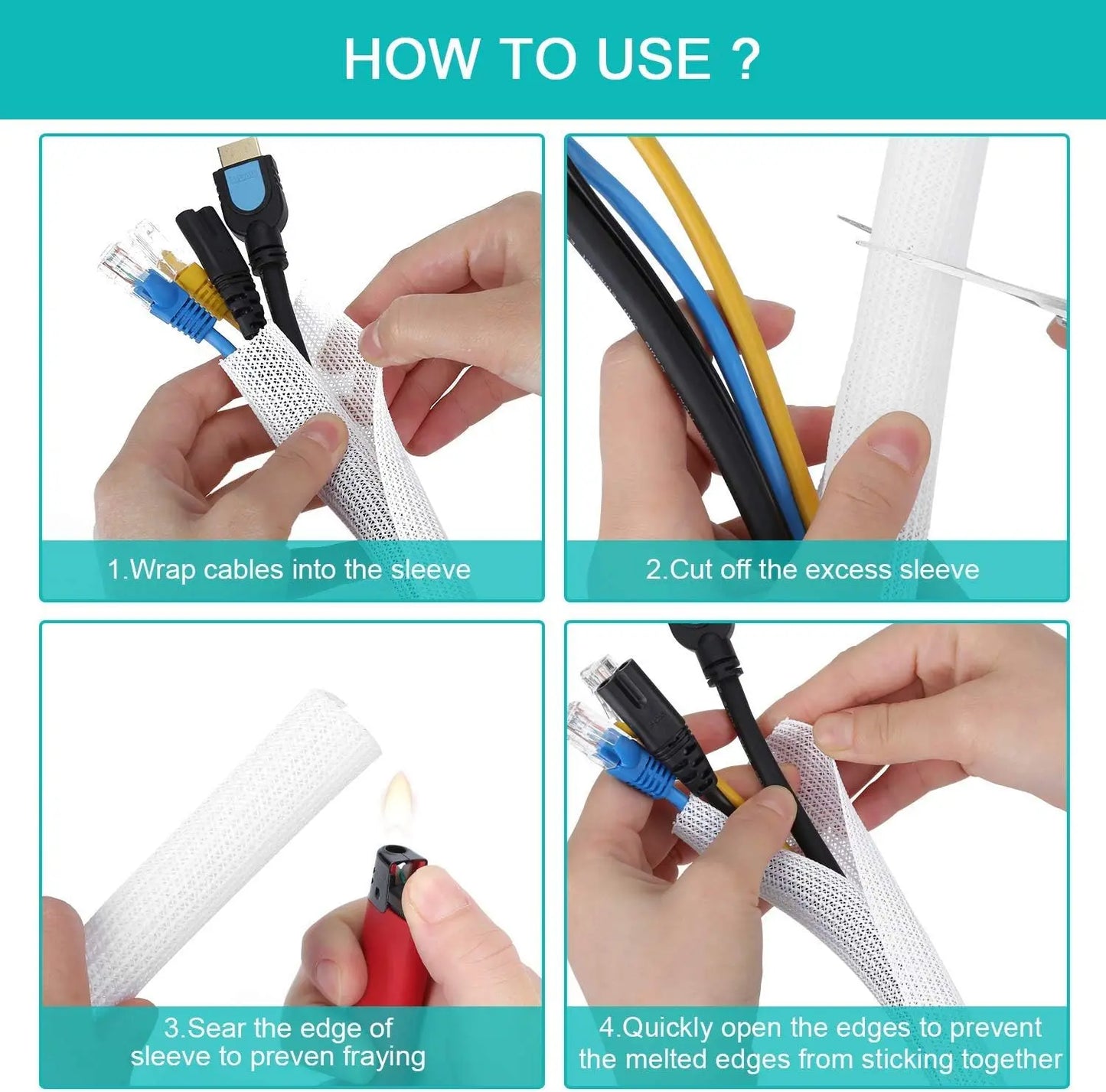 White Cable Sleeve, Protector Wrap Cover
