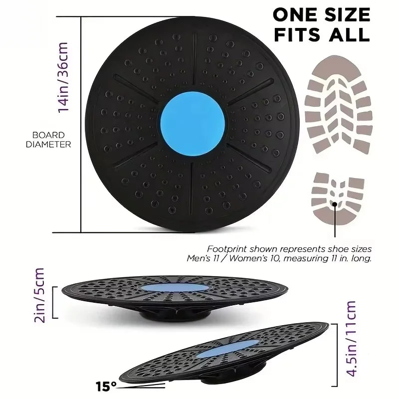 Black exercise board with blue center, showing dimensions and footprint size on a white background