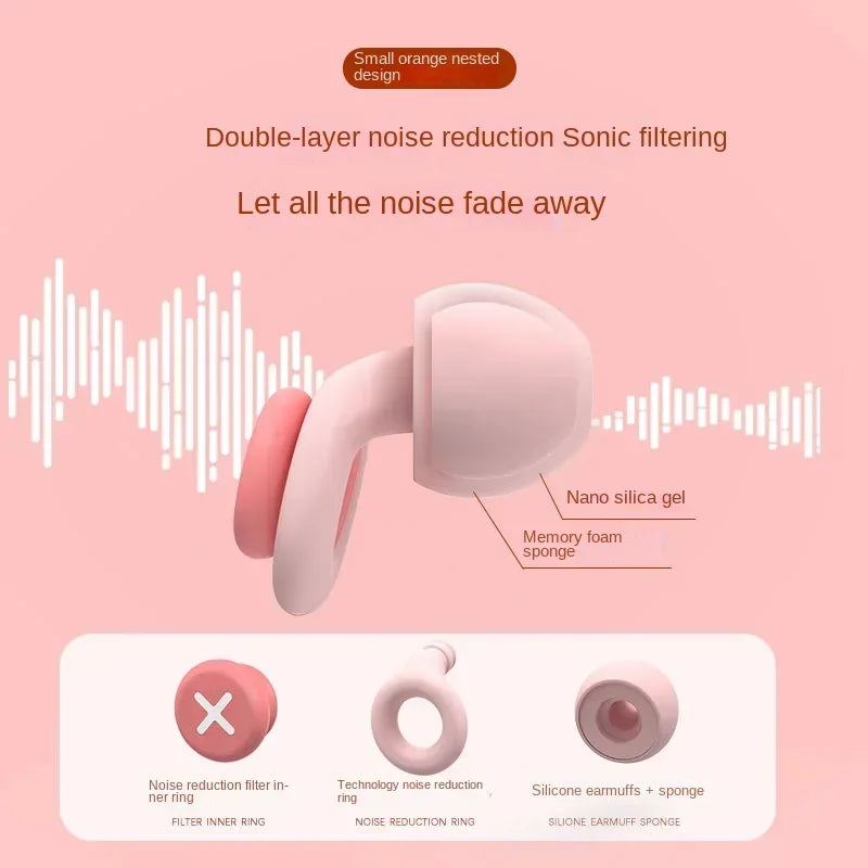 Pink earbud with noise reduction features on a pink background