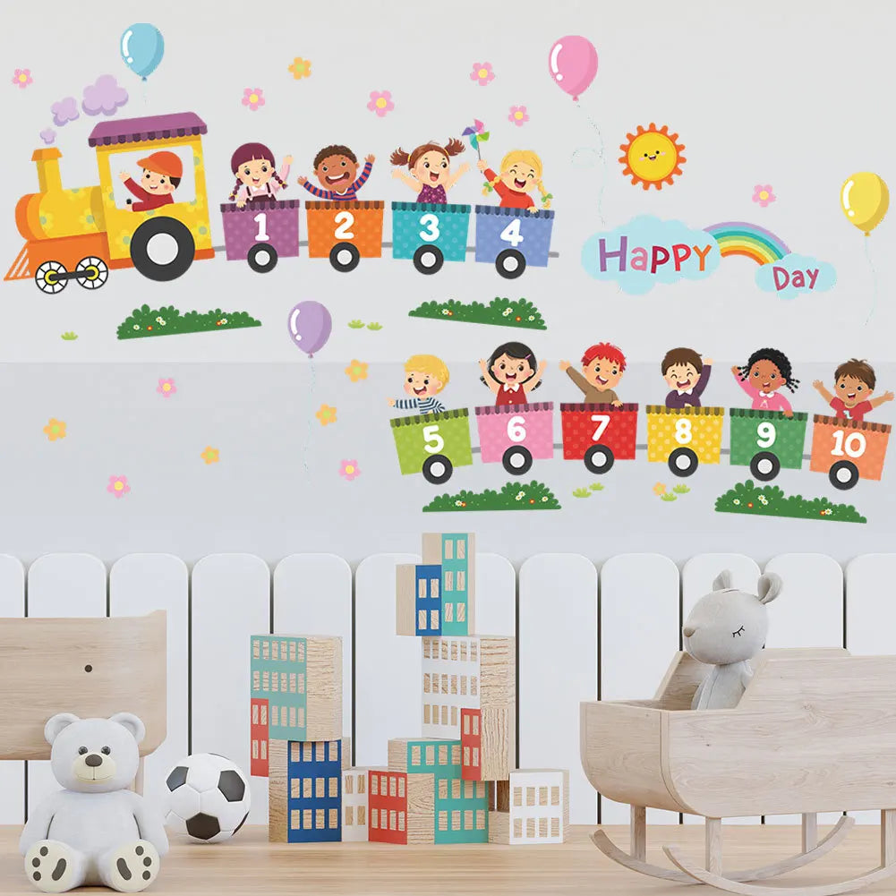 Cartoon number train rainbow self adhesive wall décor