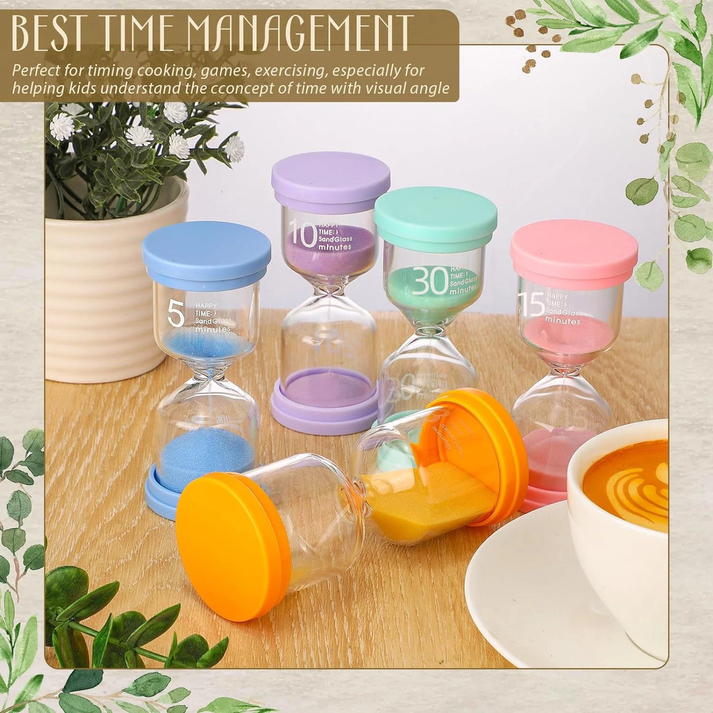 Set of five colourful hourglasses with labelled durations designed for sensory time management