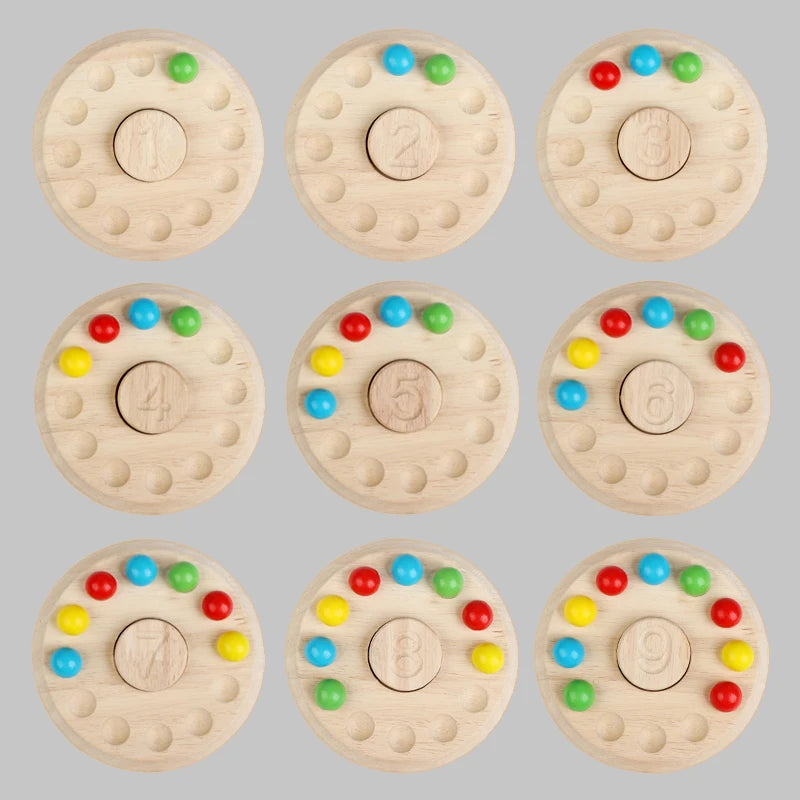 Set of wooden number puzzles with colorful buttons on a gray background