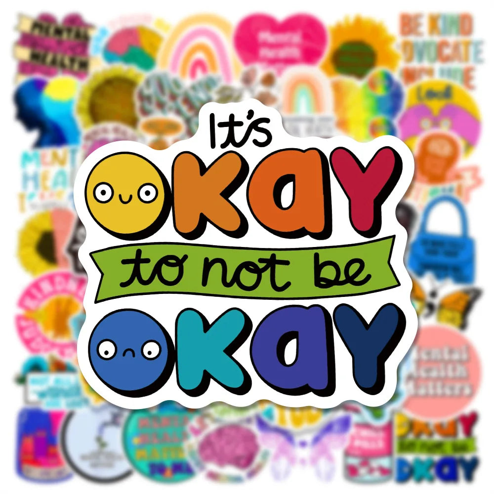 Colorful sticker with 'It's okay to not be okay' text on a background of various stickers.