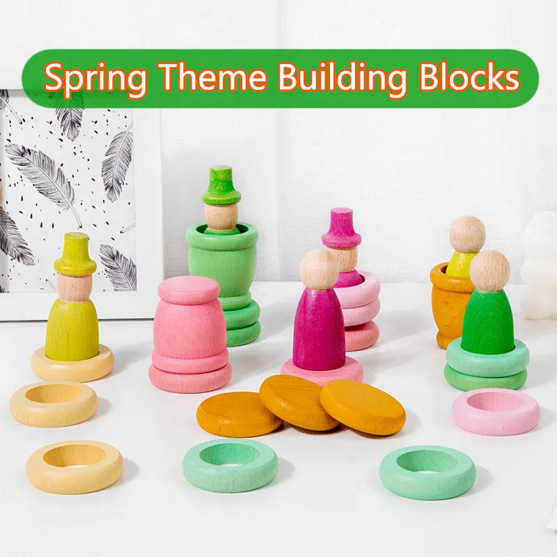 Colorful wooden building blocks with a spring theme on a white background