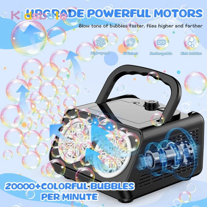 Compact 26-hole bubble machine creating vibrant bubble stream for sensory engagement