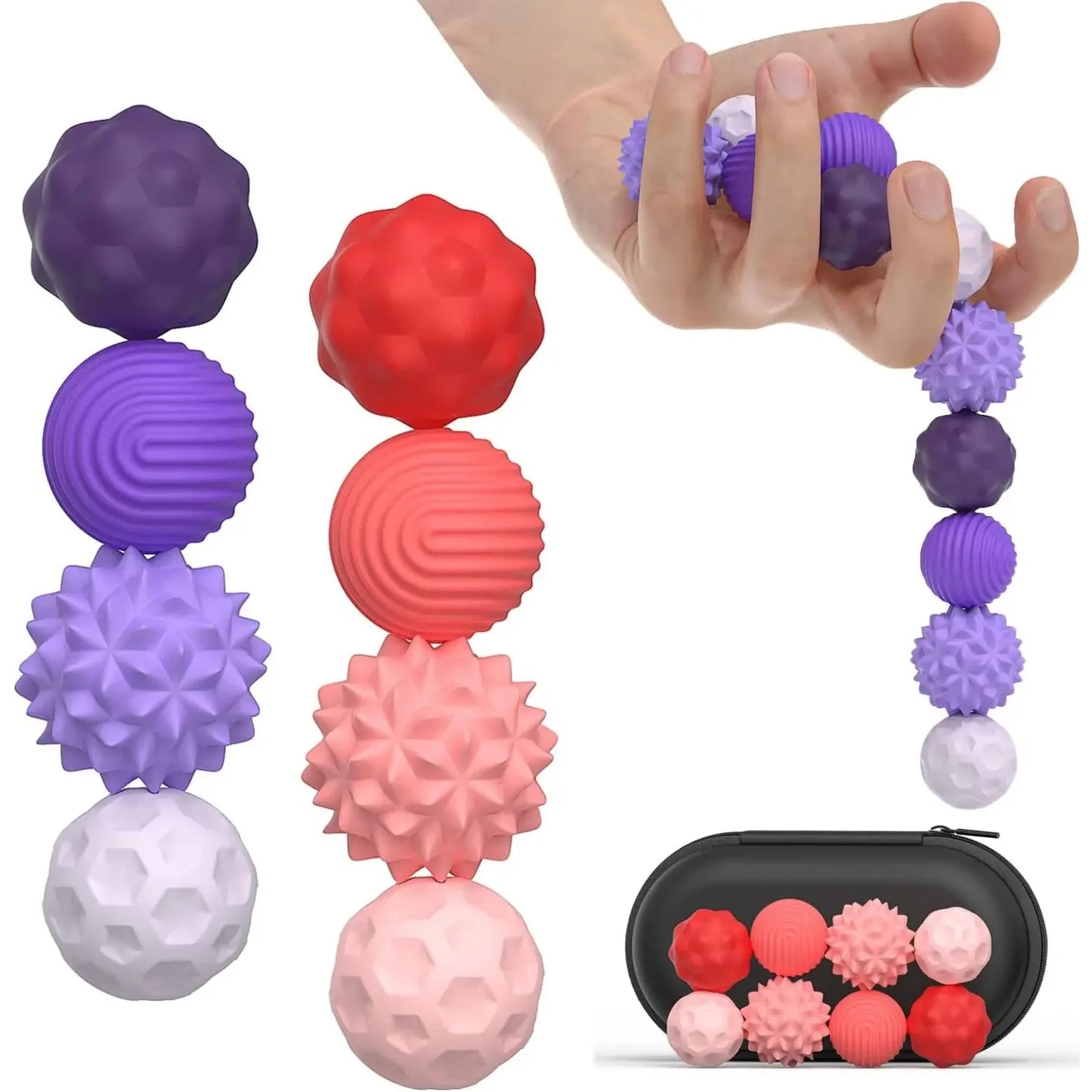 Set of silicone magnetic sensory balls shown interlinked and separated, with soft-touch texture for tactile fidget play