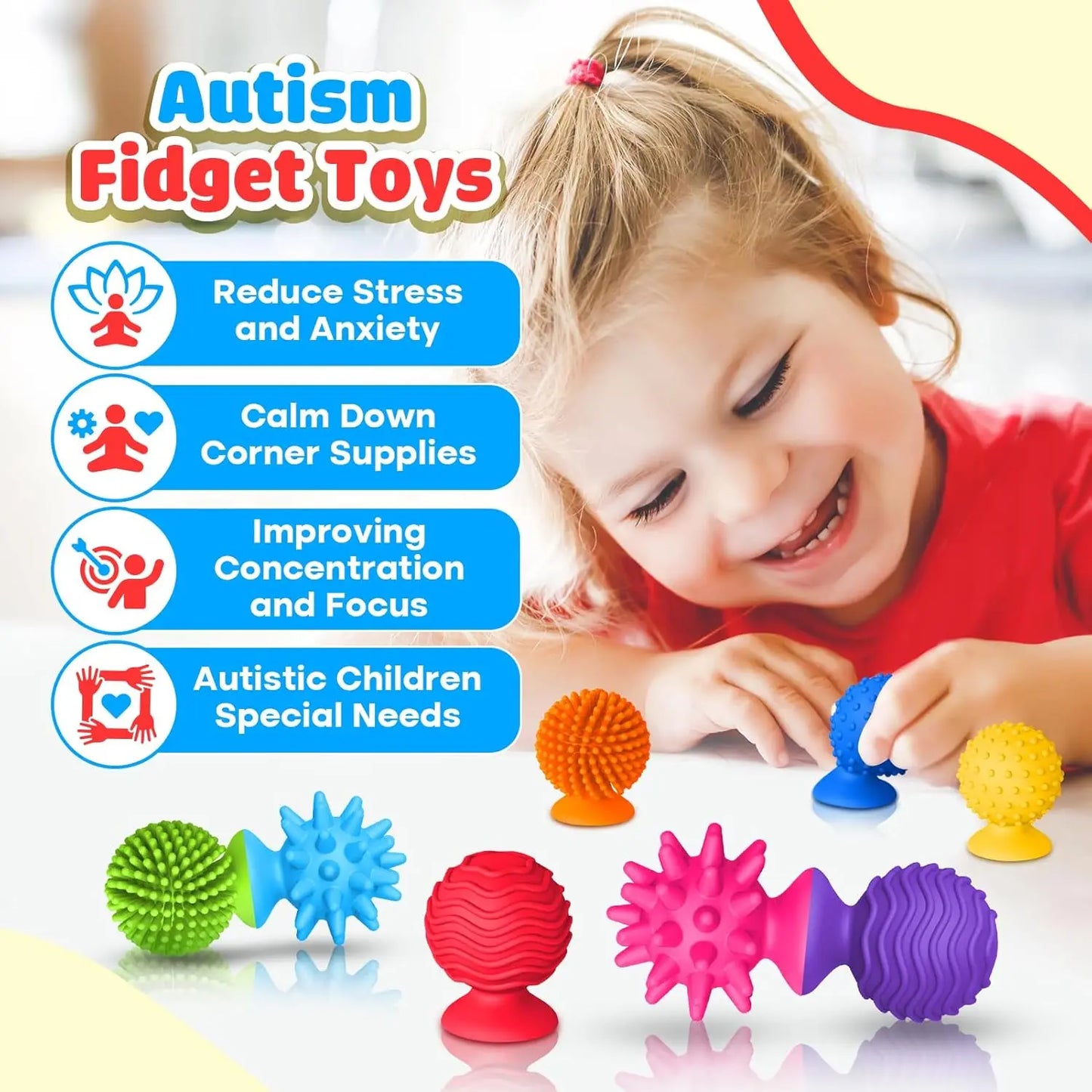 8 Piece Set of Silicone Soft Sensory Fidget Toys with Texture Suction Cups