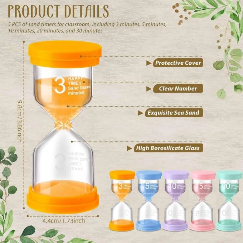 Hourglass timers arranged for activity sequencing and calming time guidance