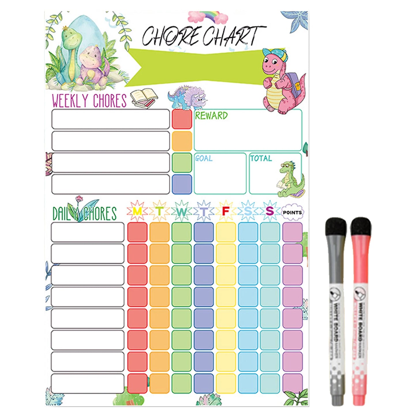 Reusable chore chart shown with two dry-erase markers, ideal for adaptable visual reminders.