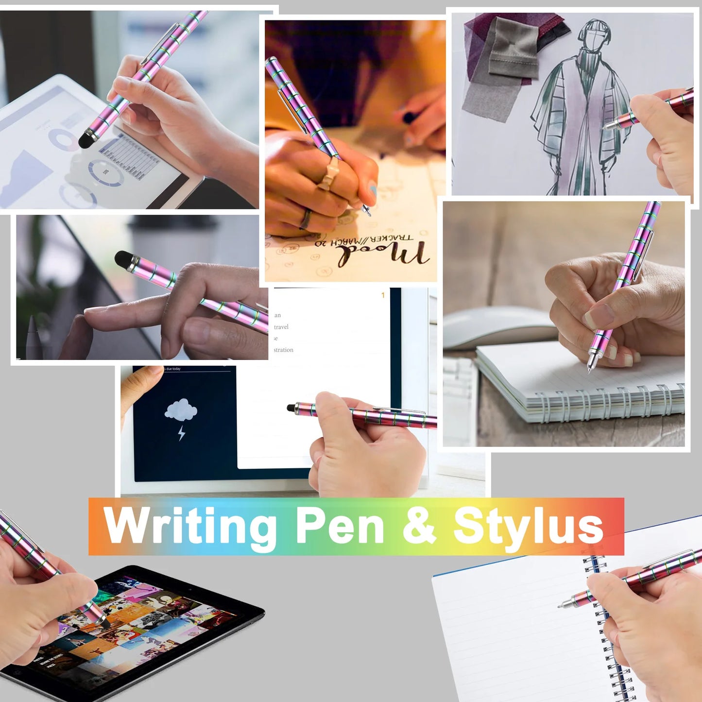 Collage of people using writing pens and styluses in various activities.