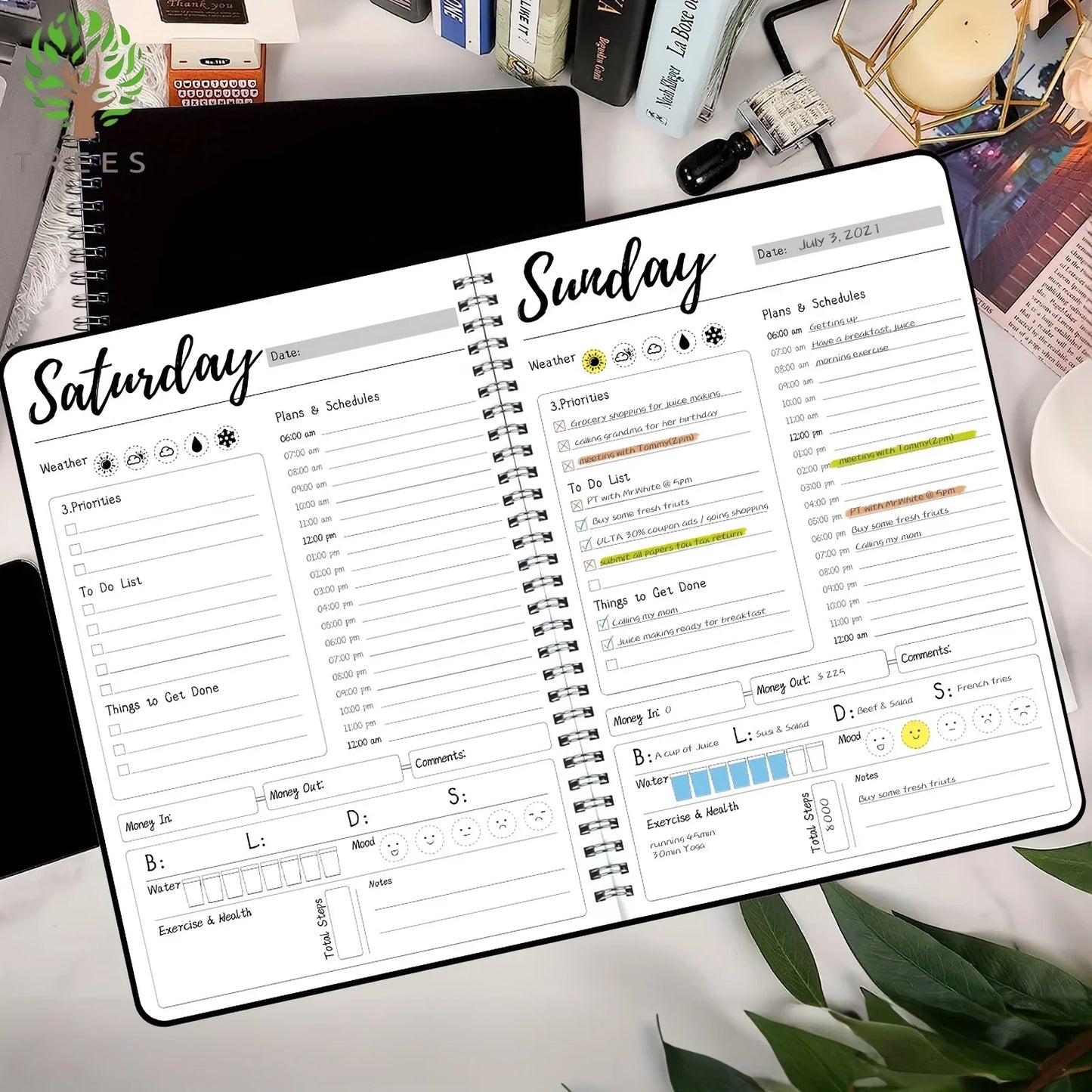 Weekly planner with daily schedule on a desk