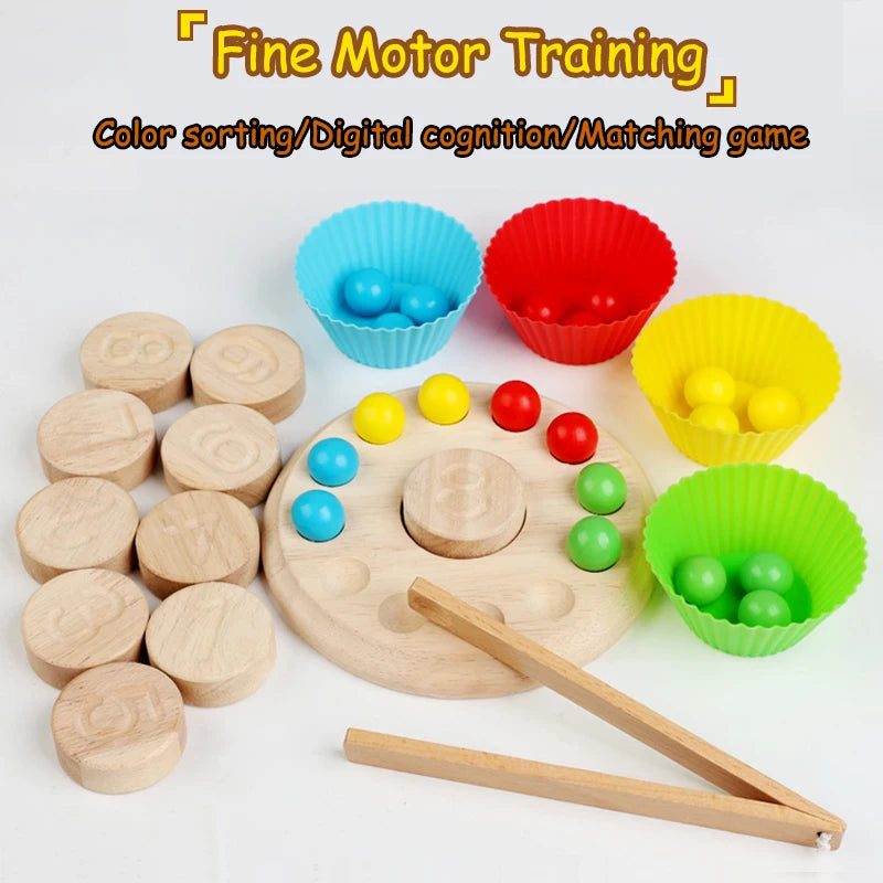 Color sorting and matching game with wooden blocks, colorful cups, and balls on a white background.